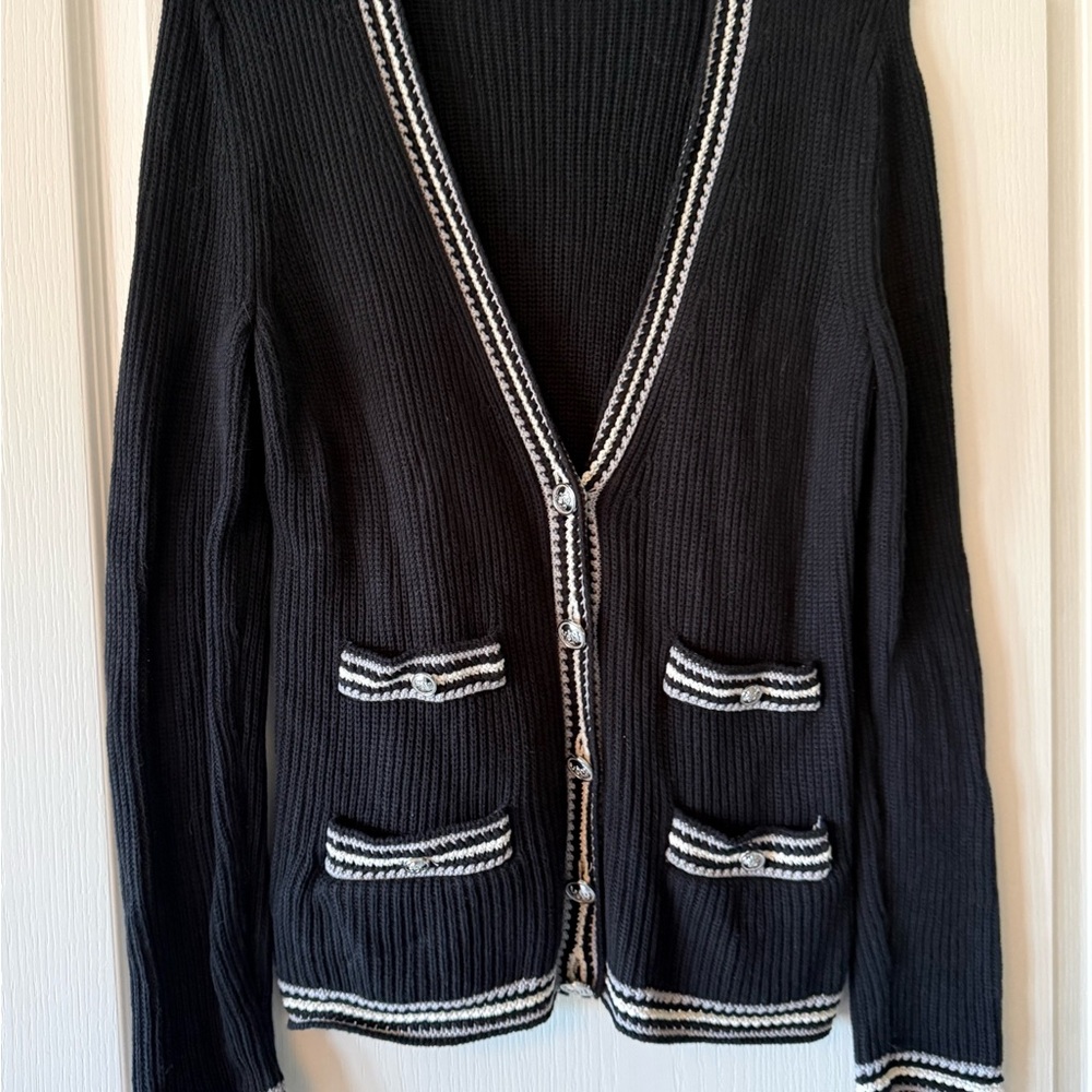 Classic Black Knit Cardigan with Contrast Trim